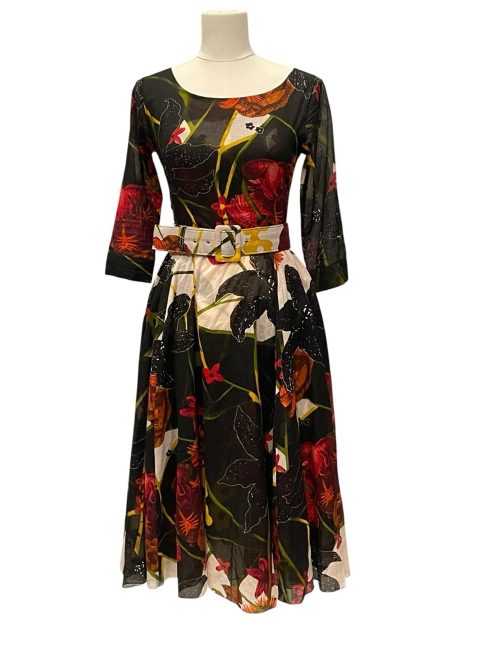 SAMANTHA SUNG Black Multi Floral Long-Sleeve Fit-and-Flare Dress 2